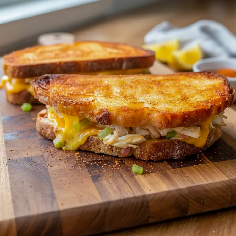 Crab Melt Sandwich Recipes featuring a golden, toasted Classic Crab Melt Recipe made with lump crab meat, melted cheddar cheese, and Old Bay seasoning in a crave-worthy Seafood Grilled Cheese Sandwich Recipe.
