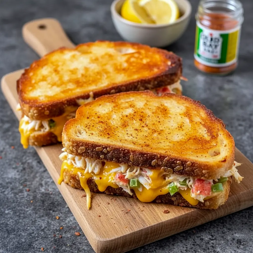 Crab Melt Sandwich Recipes featuring a golden, toasted Classic Crab Melt Recipe made with lump crab meat, melted cheddar cheese, and Old Bay seasoning in a crave-worthy Seafood Grilled Cheese Sandwich Recipe.