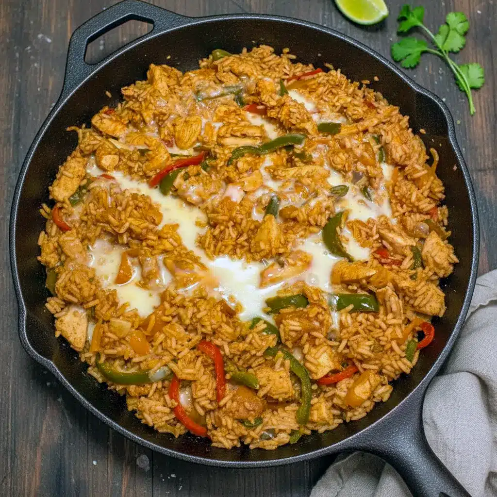 Hot Queso Skillet filled with seasoned chicken, colorful bell peppers, rice, and creamy melted queso, served straight from the pan for a rich, cheesy fajita-style dinner.