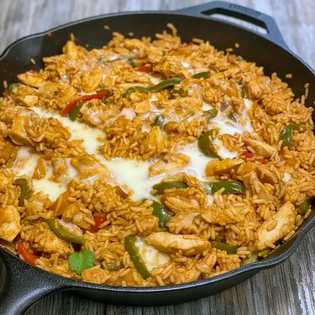 Hot Queso Skillet filled with seasoned chicken, colorful bell peppers, rice, and creamy melted queso, served straight from the pan for a rich, cheesy fajita-style dinner.