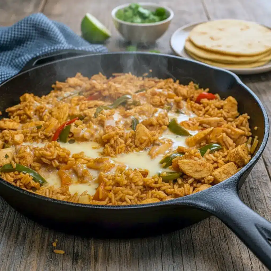 Hot Queso Skillet filled with seasoned chicken, colorful bell peppers, rice, and creamy melted queso, served straight from the pan for a rich, cheesy fajita-style dinner.