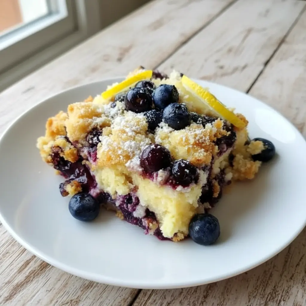 Warm slice of Lemon Blueberry Cream Cheese Cake topped with whipped cream, featuring layers of creamy lemon filling and juicy blueberries—an Easy Cheesecake Idea and irresistible Blueberry Pie Filling Dessert perfect for any occasion.