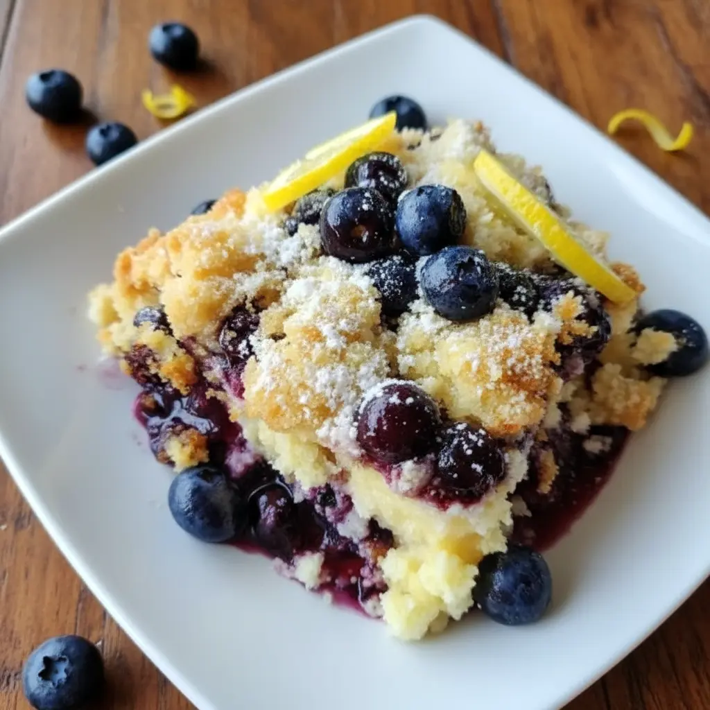 Warm slice of Lemon Blueberry Cream Cheese Cake topped with whipped cream, featuring layers of creamy lemon filling and juicy blueberries—an Easy Cheesecake Idea and irresistible Blueberry Pie Filling Dessert perfect for any occasion.