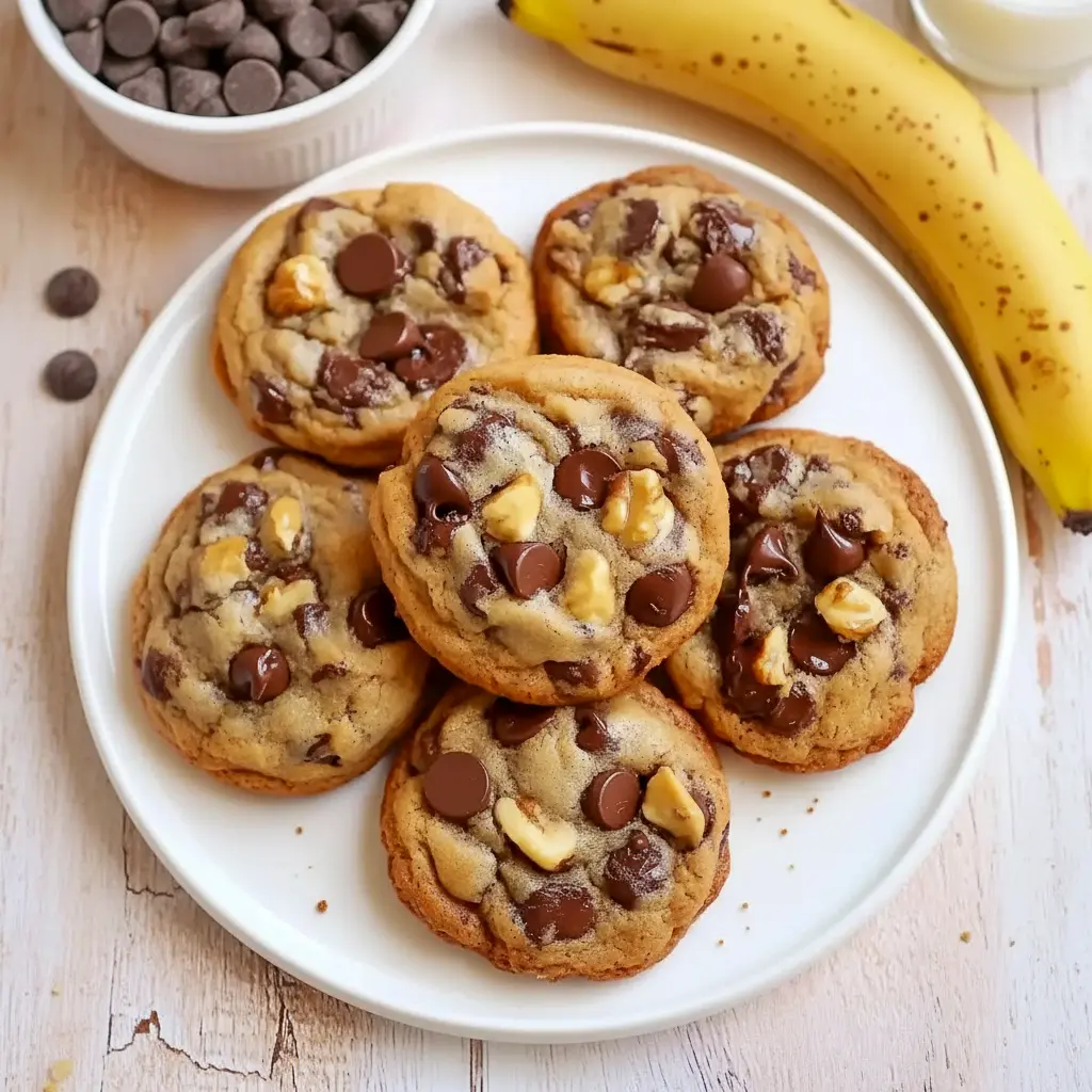 Stack of thick, chewy Banana Bread Chocolate Chip Cookies with melted chocolate chips and walnut pieces, showcasing soft centers and golden edges—perfect Ripe Banana Cookies for fans of comforting Banana Baked Goods.
