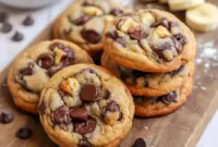 Irresistible Banana Bread Chocolate Chip Cookies — Ultra Chewy Bliss3 Stack of thick, chewy Banana Bread Chocolate Chip Cookies with melted chocolate chips and walnut pieces, showcasing soft centers and golden edges—perfect Ripe Banana Cookies for fans of comforting Banana Baked Goods.