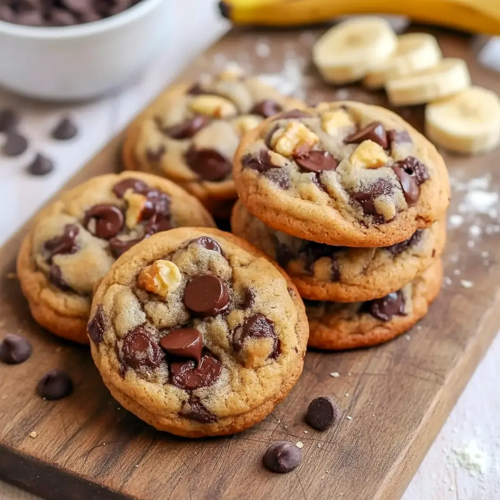 Stack of thick, chewy Banana Bread Chocolate Chip Cookies with melted chocolate chips and walnut pieces, showcasing soft centers and golden edges—perfect Ripe Banana Cookies for fans of comforting Banana Baked Goods.