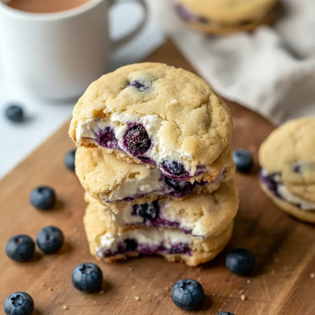 These Baked Goods With Blueberries showcase soft blueberry cheesecake cookies with creamy centers and golden edges — a bakery-worthy treat inspired by Gourmet Cookie Recipes.