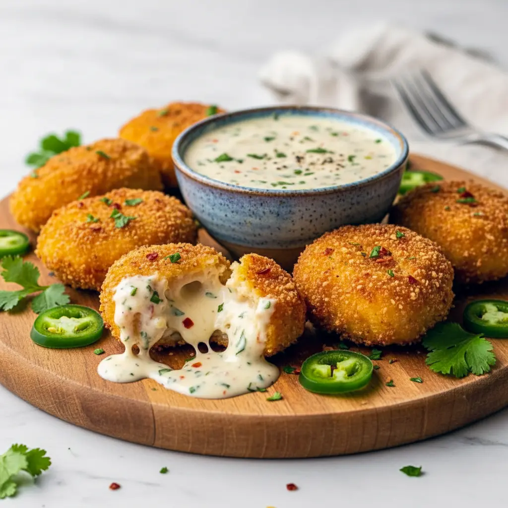 These Chicken Jalapeno Popper Dip inspired poppers show off a crispy, golden crust with cheesy jalapeño filling, served as Chicken Poppers With Sauce for a bold, dippable party snack.