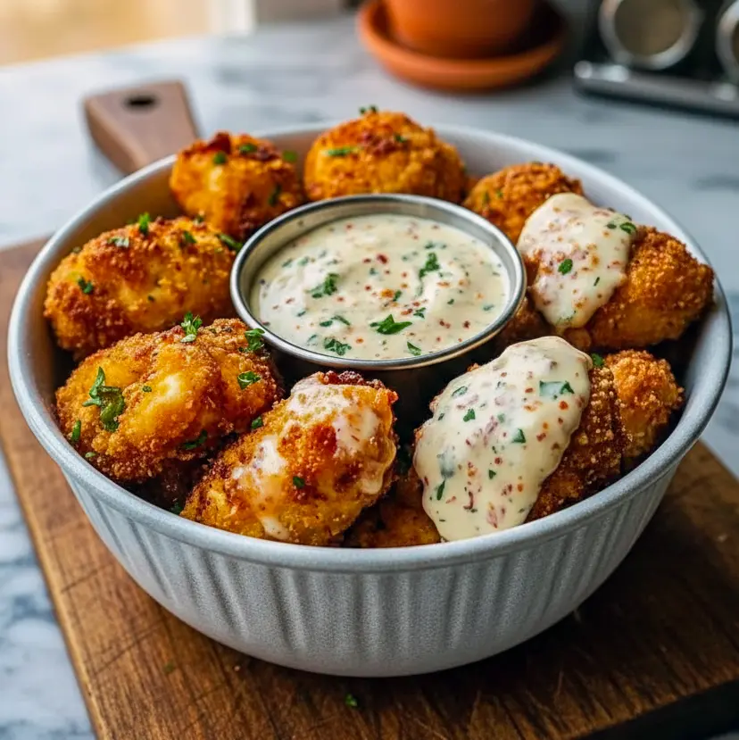 These Chicken Jalapeno Popper Dip inspired poppers show off a crispy, golden crust with cheesy jalapeño filling, served as Chicken Poppers With Sauce for a bold, dippable party snack.