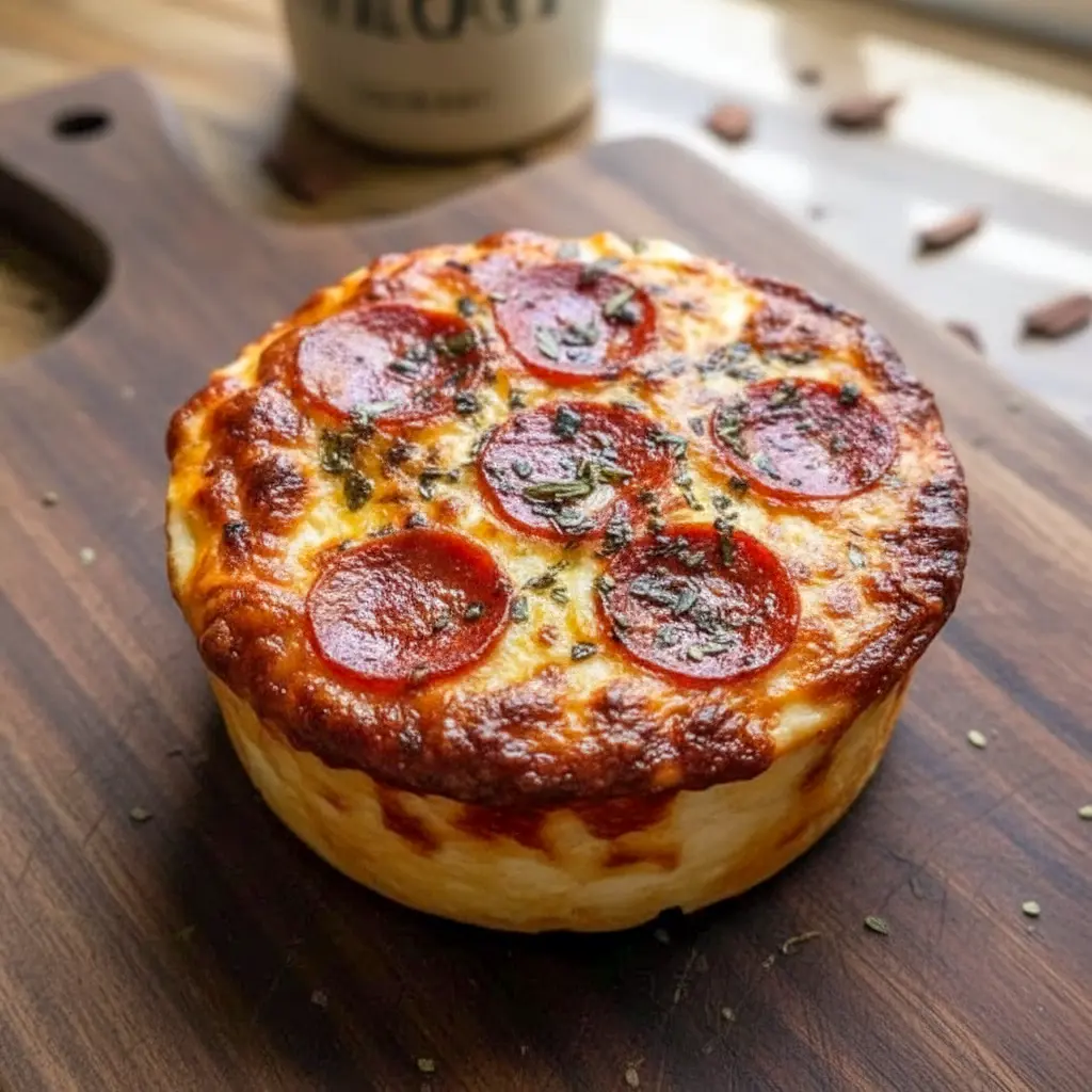 Freshly baked Easy Quick Healthy Lunch cottage cheese pizza bowl topped with marinara, colorful vegetables, and melted mozzarella, creating a warm and bubbly Clean And Healthy Meal served in a small baking dish.