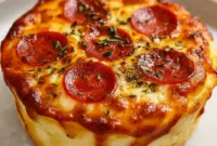 Irresistible Cottage Cheese Pizza Bowl — Easy Quick Healthy Lunch3 Freshly baked Easy Quick Healthy Lunch cottage cheese pizza bowl topped with marinara, colorful vegetables, and melted mozzarella, creating a warm and bubbly Clean And Healthy Meal served in a small baking dish.