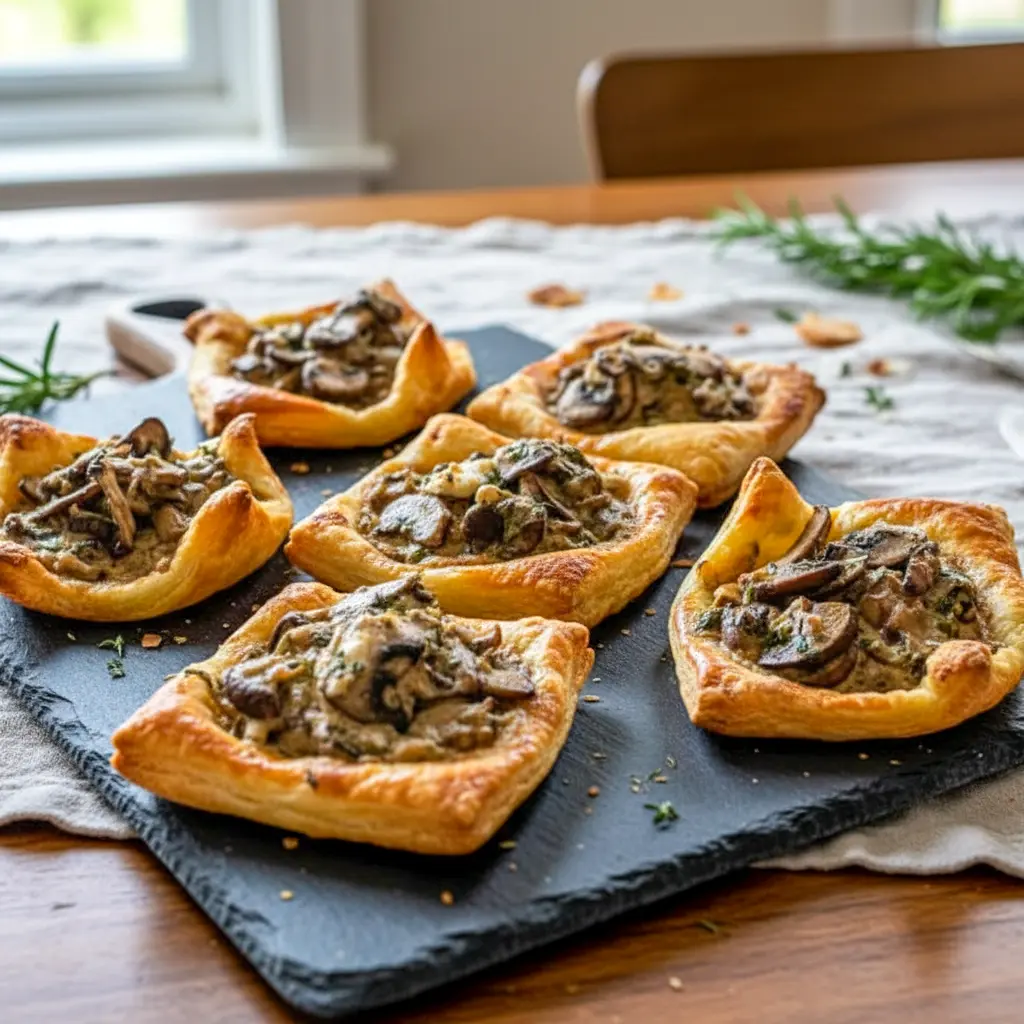 Fresh-from-the-oven Mushroom Puff Pastry Dish tarts layered with sautéed mushrooms, herbs, and creamy cheese, showcasing a golden Creamy Mushroom Puff Pastry filling inside crisp, flaky pastry squares.
