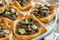 Fresh-from-the-oven Mushroom Puff Pastry Dish tarts layered with sautéed mushrooms, herbs, and creamy cheese, showcasing a golden Creamy Mushroom Puff Pastry filling inside crisp, flaky pastry squares.