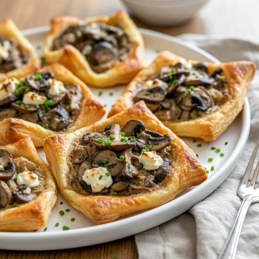 Fresh-from-the-oven Mushroom Puff Pastry Dish tarts layered with sautéed mushrooms, herbs, and creamy cheese, showcasing a golden Creamy Mushroom Puff Pastry filling inside crisp, flaky pastry squares.