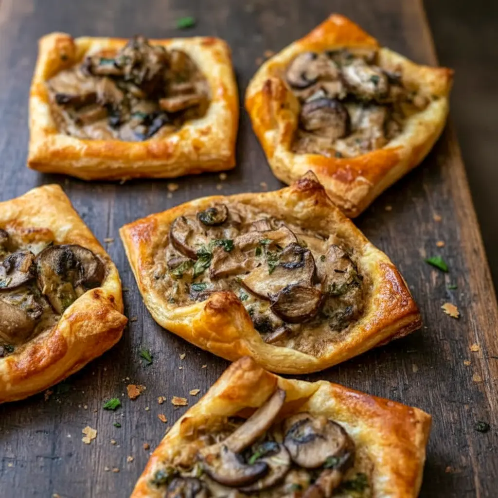 Fresh-from-the-oven Mushroom Puff Pastry Dish tarts layered with sautéed mushrooms, herbs, and creamy cheese, showcasing a golden Creamy Mushroom Puff Pastry filling inside crisp, flaky pastry squares.