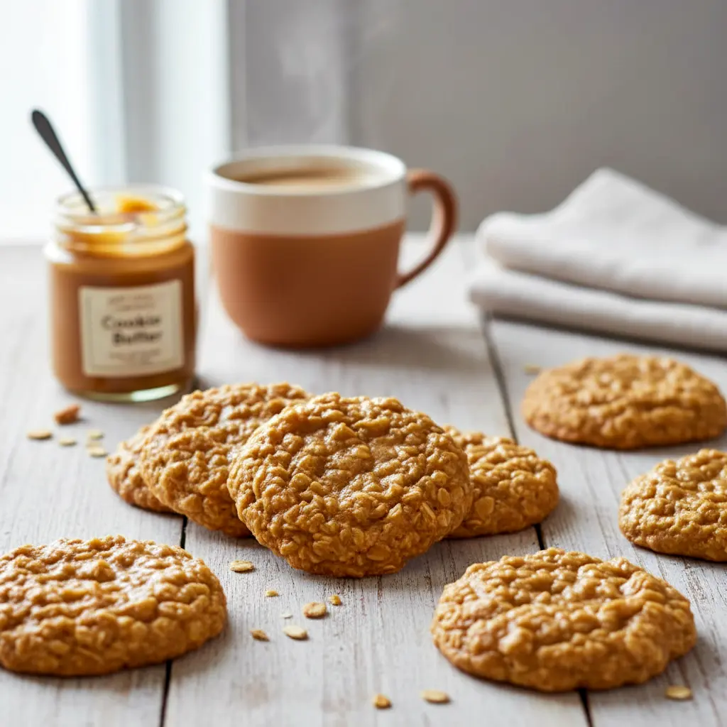 Soft, chewy No Bake Cookie Butter Cookies stacked on a plate, showing their glossy cookie butter finish and oat texture — an irresistible no-oven treat inspired by No Bake Biscoff Cookies.
