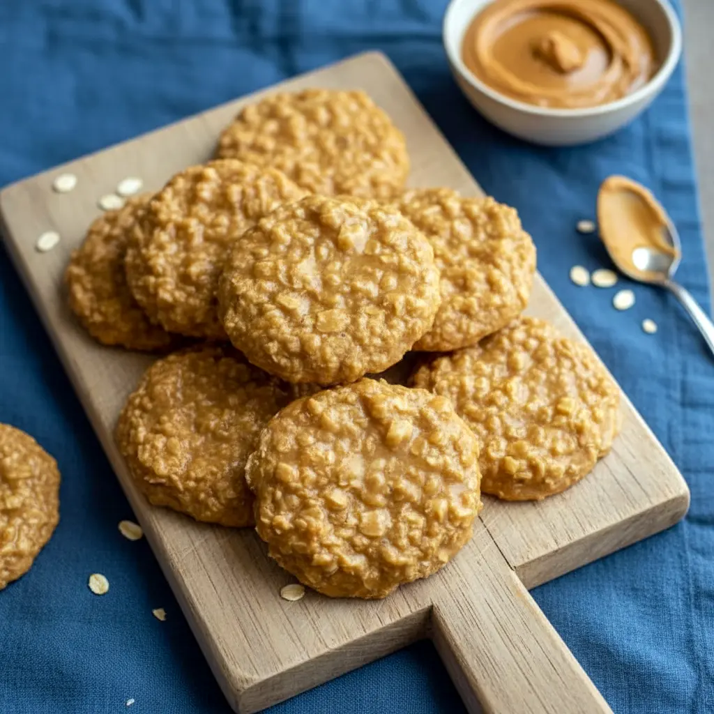 Soft, chewy No Bake Cookie Butter Cookies stacked on a plate, showing their glossy cookie butter finish and oat texture — an irresistible no-oven treat inspired by No Bake Biscoff Cookies.