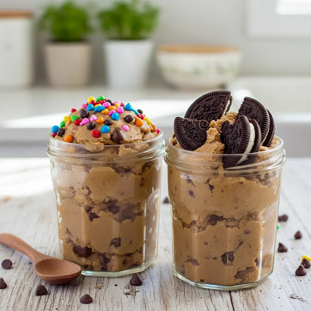 Bowl of edible cookie dough styled as No Bake High Protein Snacks, showing chocolate chips and a smooth scoopable texture for a satisfying Protein Cookie Dough Snack.