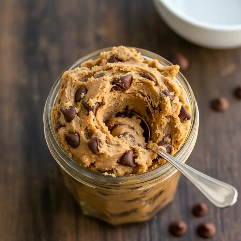 Bowl of edible cookie dough styled as No Bake High Protein Snacks, showing chocolate chips and a smooth scoopable texture for a satisfying Protein Cookie Dough Snack.