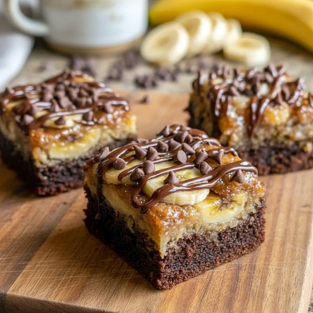 A tray of Tasty Treats To Make featuring fudgy banana bread brownies sliced into squares, showcasing a dense chocolate center ideal for Easy Desserts Banana fans and irresistible Banana Brownie Recipes cravings.