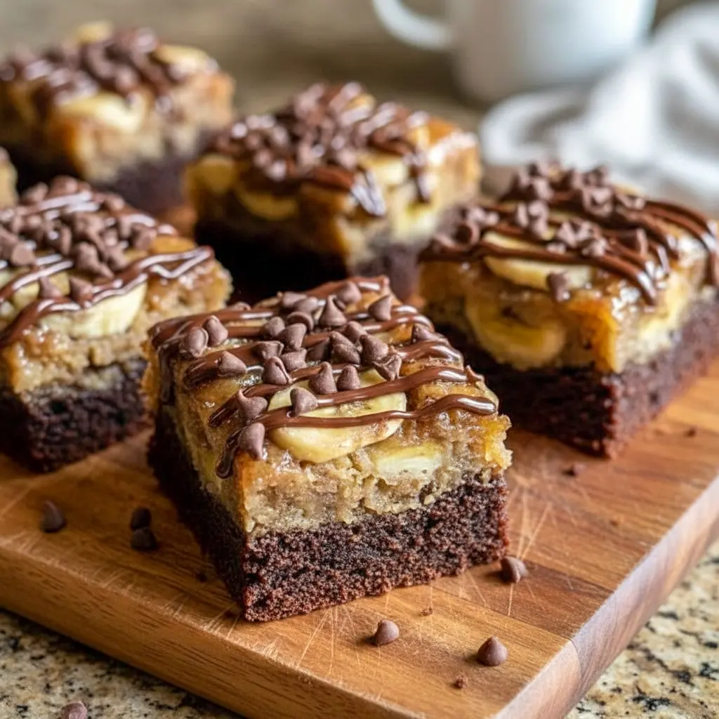 A tray of Tasty Treats To Make featuring fudgy banana bread brownies sliced into squares, showcasing a dense chocolate center ideal for Easy Desserts Banana fans and irresistible Banana Brownie Recipes cravings.