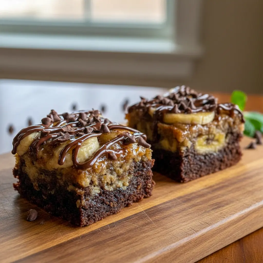 A tray of Tasty Treats To Make featuring fudgy banana bread brownies sliced into squares, showcasing a dense chocolate center ideal for Easy Desserts Banana fans and irresistible Banana Brownie Recipes cravings.