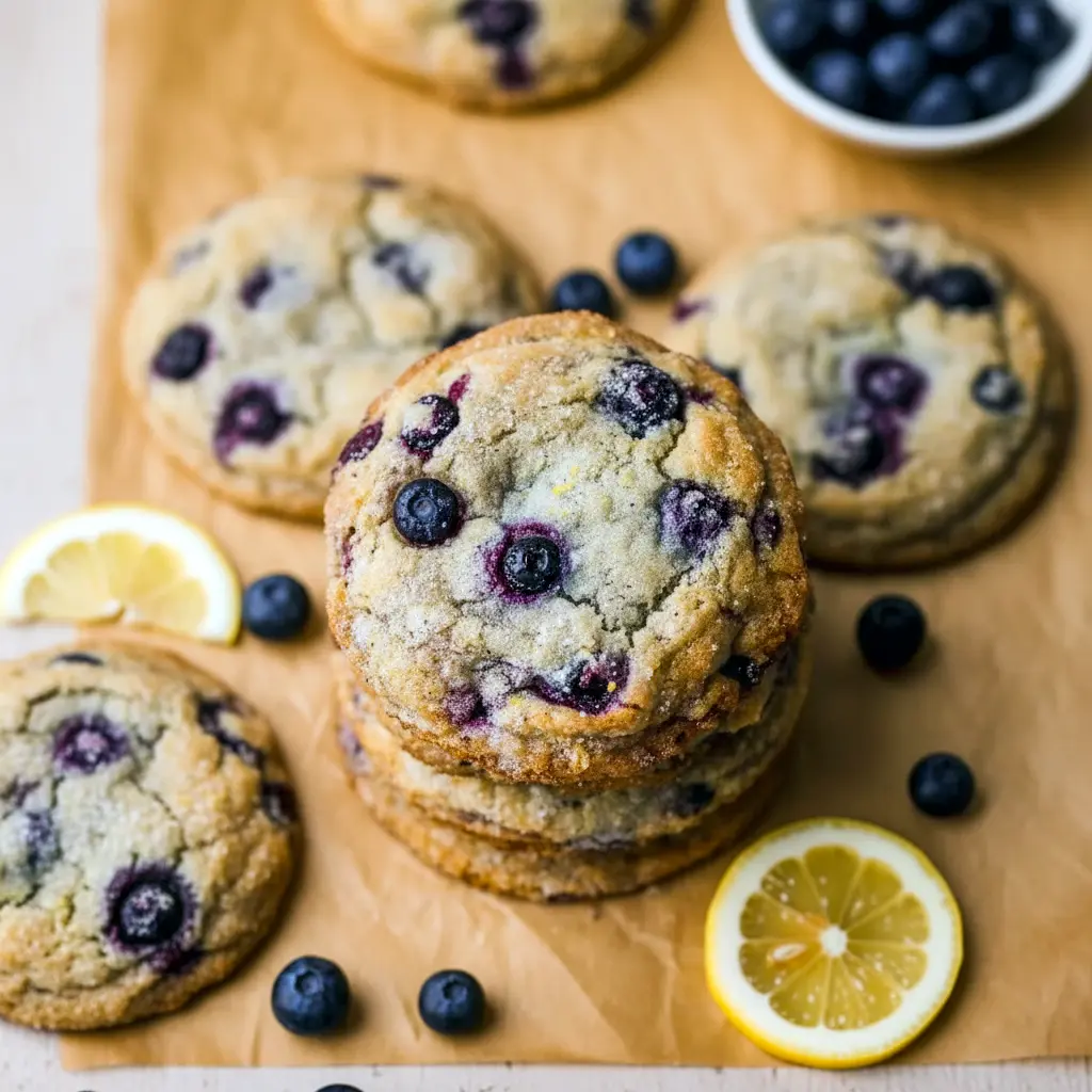 Golden Lemon Blueberry Cookies coated in lemon sugar with juicy blueberry streaks, styled as fresh Cookies For Spring and vibrant Dessert Recipes Blueberry inspiration.