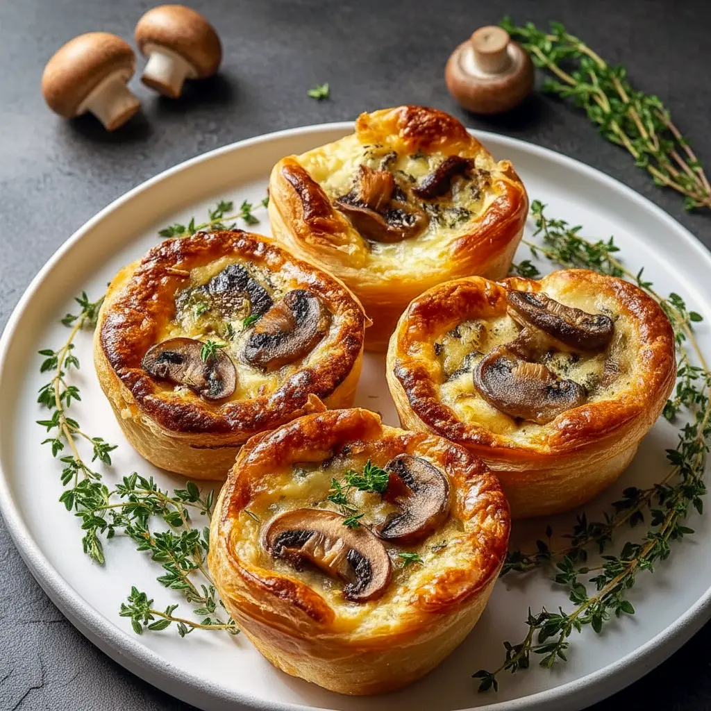 Individual mushroom Gruyère pot pies baked in flaky pastry, showcasing Pie Savory layers and creamy filling, styled as elegant Mini Pie Crust Appetizers and rich Mushroom Dishes Recipes for entertaining.