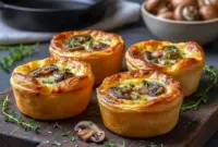 Individual mushroom Gruyère pot pies baked in flaky pastry, showcasing Pie Savory layers and creamy filling, styled as elegant Mini Pie Crust Appetizers and rich Mushroom Dishes Recipes for entertaining.