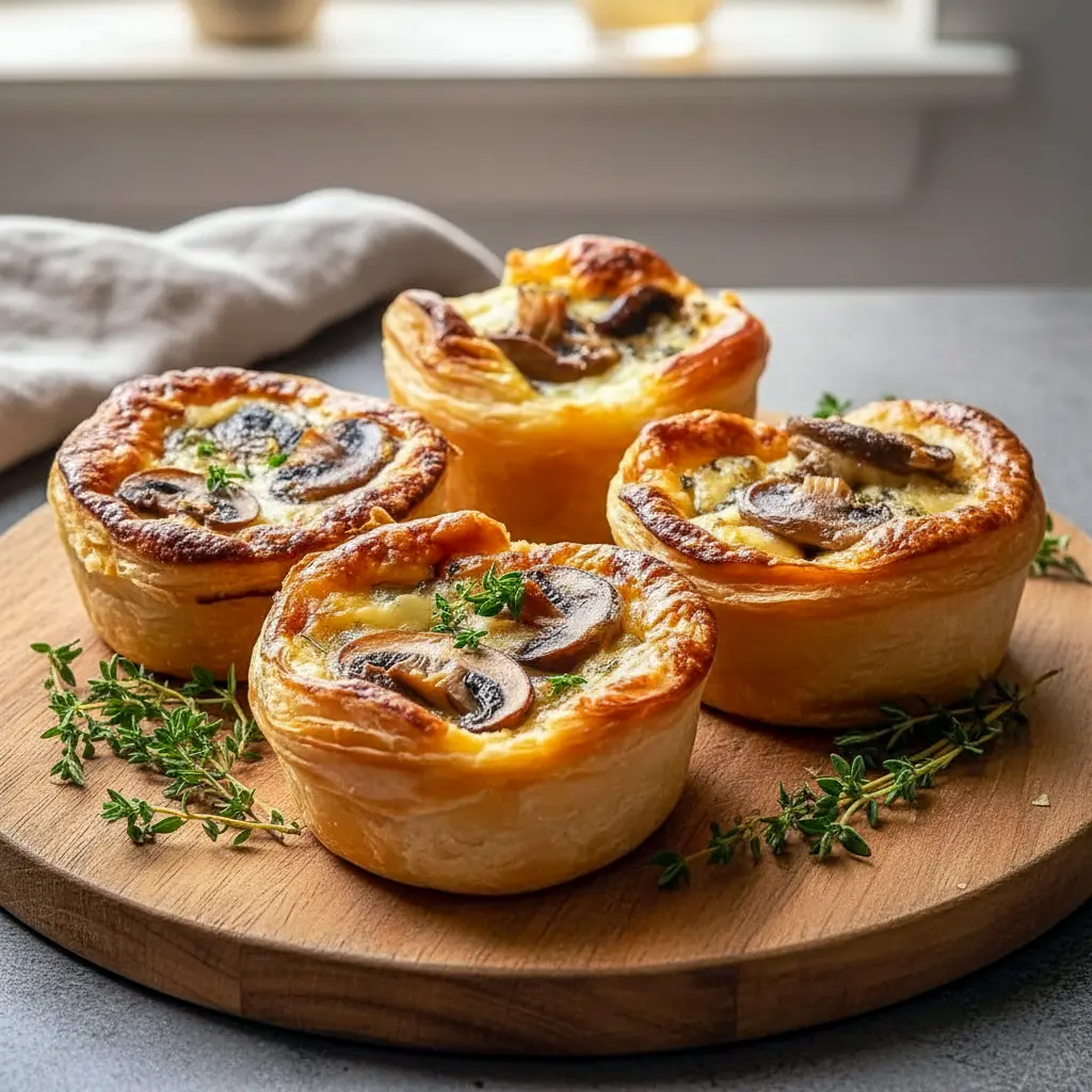 Individual mushroom Gruyère pot pies baked in flaky pastry, showcasing Pie Savory layers and creamy filling, styled as elegant Mini Pie Crust Appetizers and rich Mushroom Dishes Recipes for entertaining.