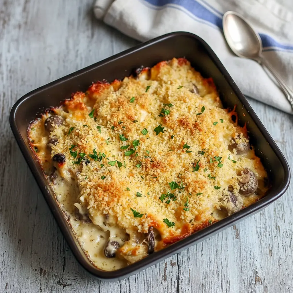 Freshly baked Mushroom Casserole Dinner with cheesy mushroom filling and crispy breadcrumb topping in a baking dish, showcasing a golden Casserole With Stuffing served hot and bubbly.