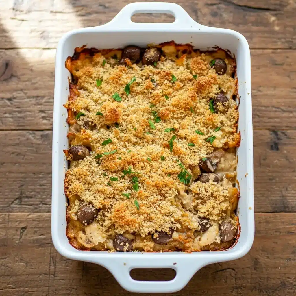 Freshly baked Mushroom Casserole Dinner with cheesy mushroom filling and crispy breadcrumb topping in a baking dish, showcasing a golden Casserole With Stuffing served hot and bubbly.