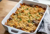Must-Try Casserole With Stuffing & Cheesy Mushroom Goodness3 Freshly baked Mushroom Casserole Dinner with cheesy mushroom filling and crispy breadcrumb topping in a baking dish, showcasing a golden Casserole With Stuffing served hot and bubbly.