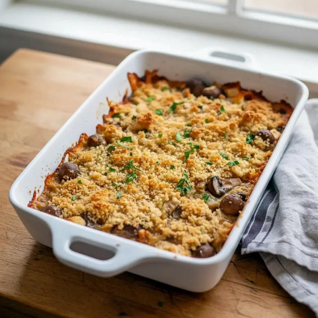 Freshly baked Mushroom Casserole Dinner with cheesy mushroom filling and crispy breadcrumb topping in a baking dish, showcasing a golden Casserole With Stuffing served hot and bubbly.