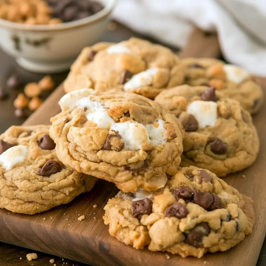 Thick, golden Peanut Butter Cookies With Marshmallows loaded with chocolate and gooey centers, styled as irresistible Reeses Marshmallow Cookies fresh from the oven.