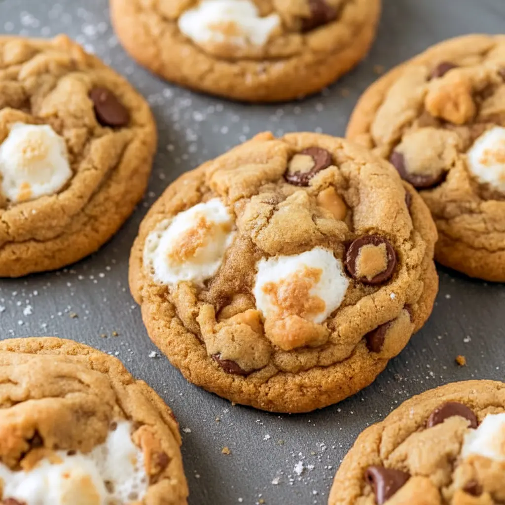 Thick, golden Peanut Butter Cookies With Marshmallows loaded with chocolate and gooey centers, styled as irresistible Reeses Marshmallow Cookies fresh from the oven.
