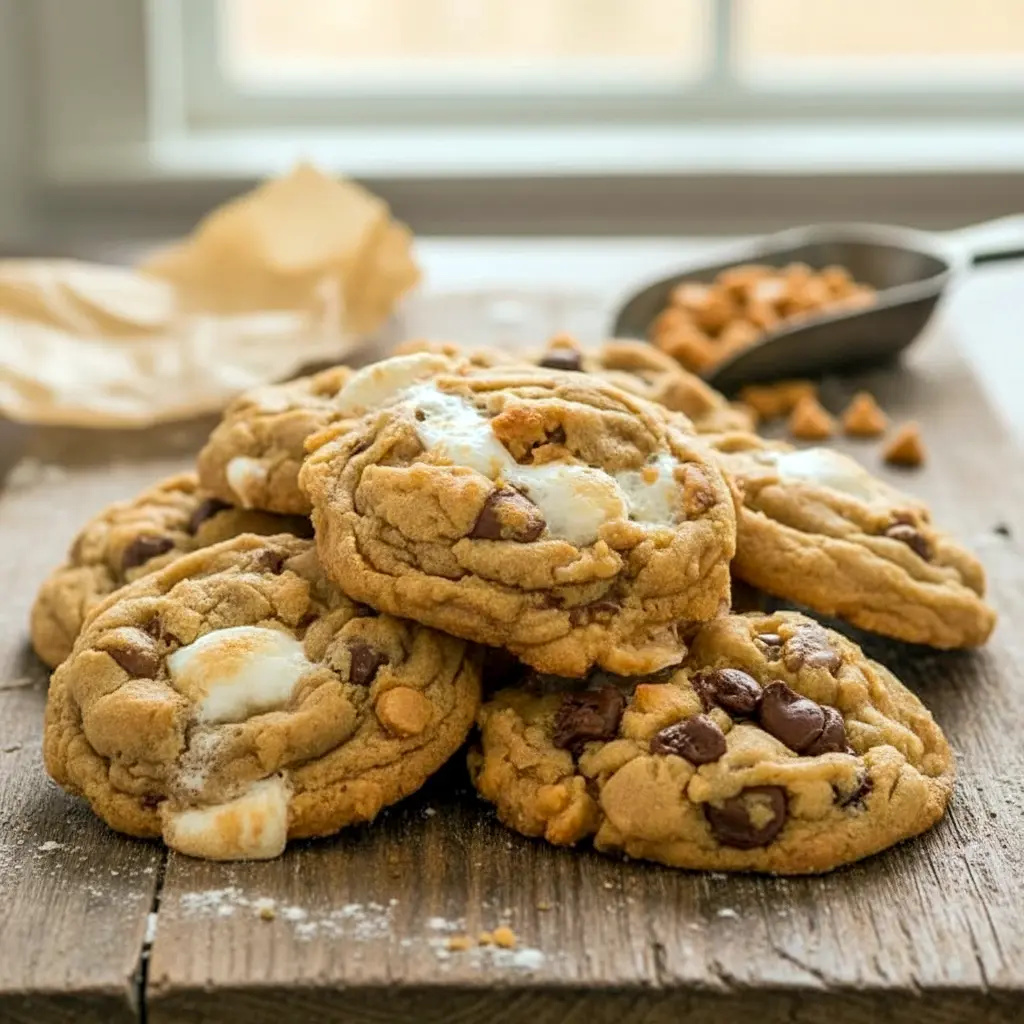 Thick, golden Peanut Butter Cookies With Marshmallows loaded with chocolate and gooey centers, styled as irresistible Reeses Marshmallow Cookies fresh from the oven.