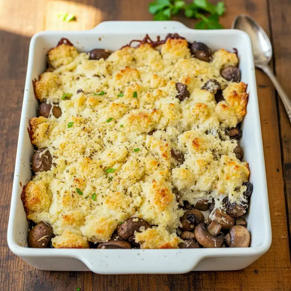 Freshly baked Stuffed Mushrooms Casserole with a golden breadcrumb crust, served hot as a creamy Cheesy Mushroom Casserole Dish in a rustic baking pan.