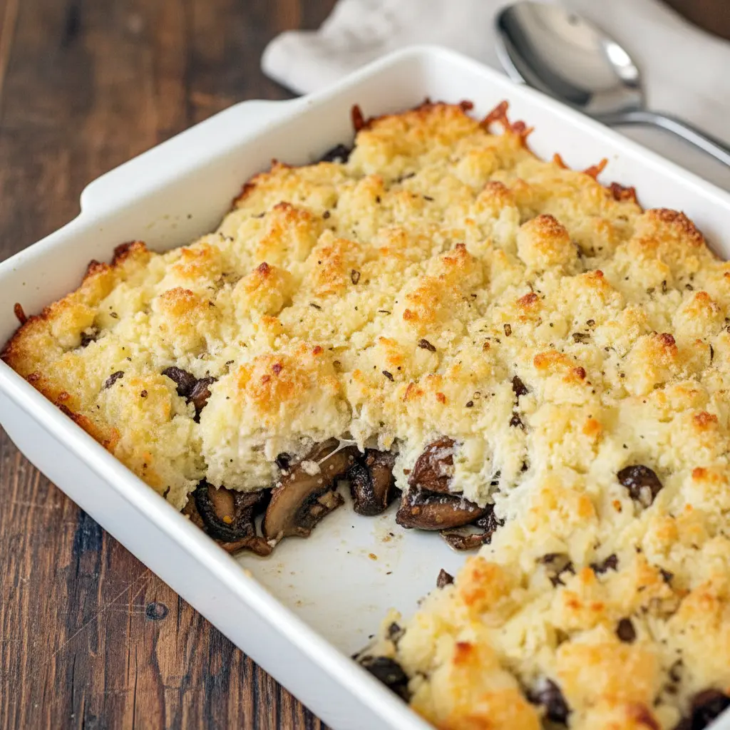 Freshly baked Stuffed Mushrooms Casserole with a golden breadcrumb crust, served hot as a creamy Cheesy Mushroom Casserole Dish in a rustic baking pan.