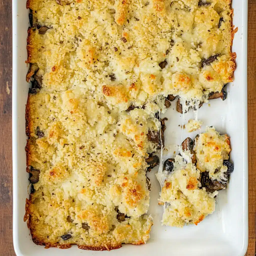 Freshly baked Stuffed Mushrooms Casserole with a golden breadcrumb crust, served hot as a creamy Cheesy Mushroom Casserole Dish in a rustic baking pan.