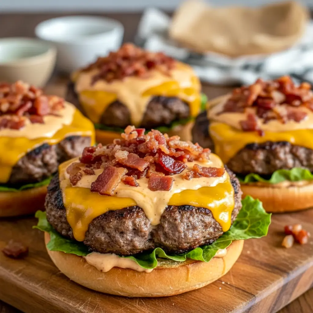 Close-up of sizzling Crack Burgers Made with Ground Beef loaded with cheddar and bacon on toasted buns, showcasing juicy layers and rich texture — a crave-worthy spin on Low Carb Burgers for an easy dinner win.