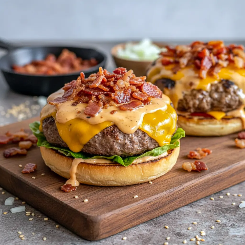 Close-up of sizzling Crack Burgers Made with Ground Beef loaded with cheddar and bacon on toasted buns, showcasing juicy layers and rich texture — a crave-worthy spin on Low Carb Burgers for an easy dinner win.