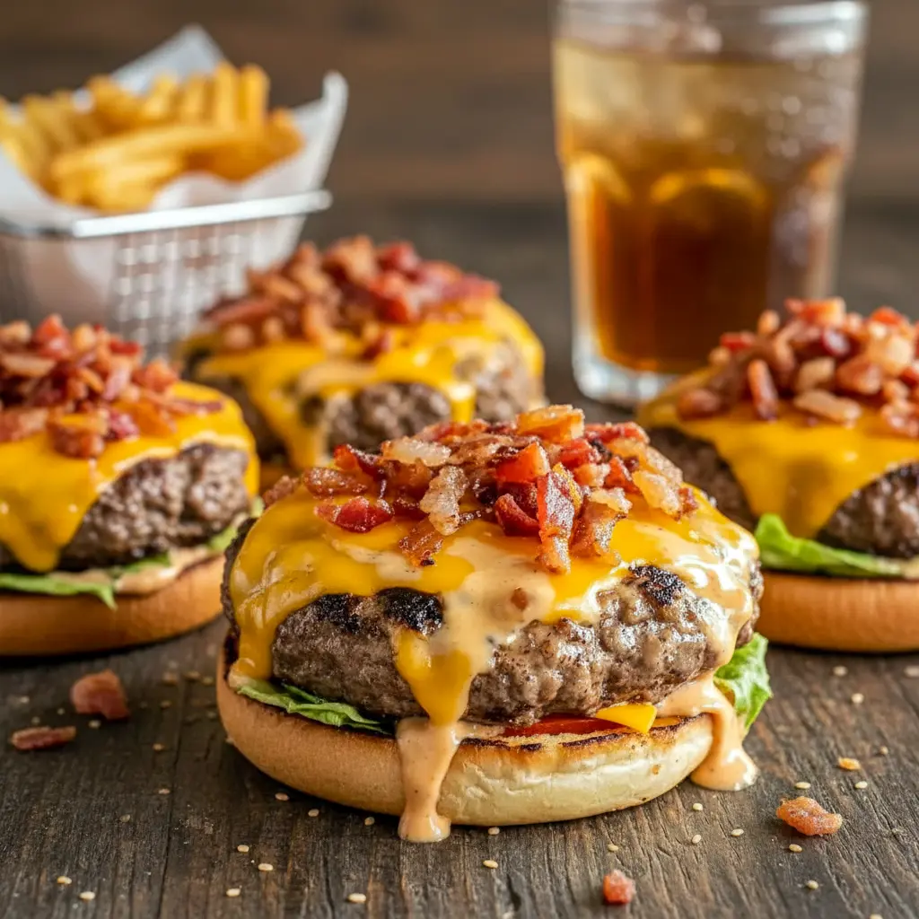 Close-up of sizzling Crack Burgers Made with Ground Beef loaded with cheddar and bacon on toasted buns, showcasing juicy layers and rich texture — a crave-worthy spin on Low Carb Burgers for an easy dinner win.