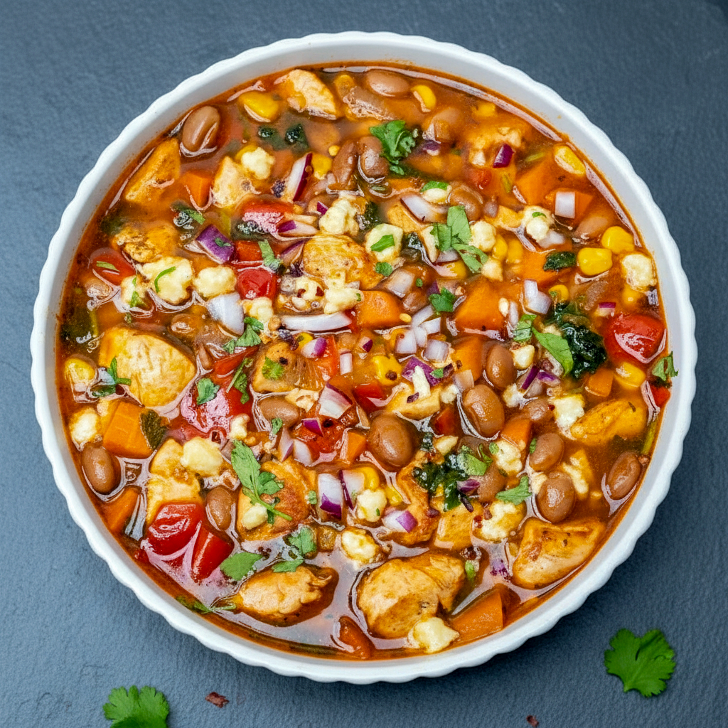 Pantry Soup Recipes featuring a hearty bowl of smoky BBQ chicken soup with tender chicken, beans, sweet corn, and rich broth, perfect for fans of Bbq Soup Recipes and cozy cold-night dinners.