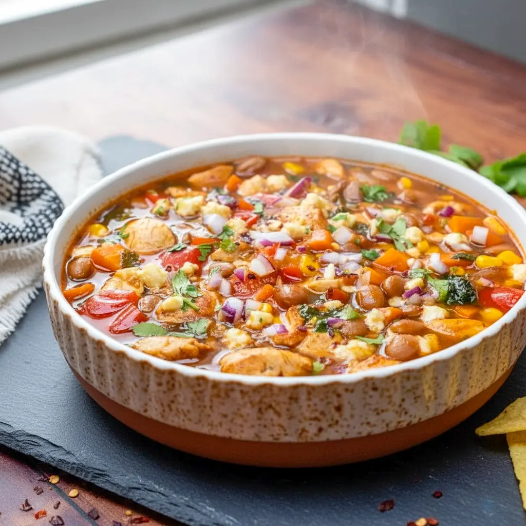 Pantry Soup Recipes featuring a hearty bowl of smoky BBQ chicken soup with tender chicken, beans, sweet corn, and rich broth, perfect for fans of Bbq Soup Recipes and cozy cold-night dinners.