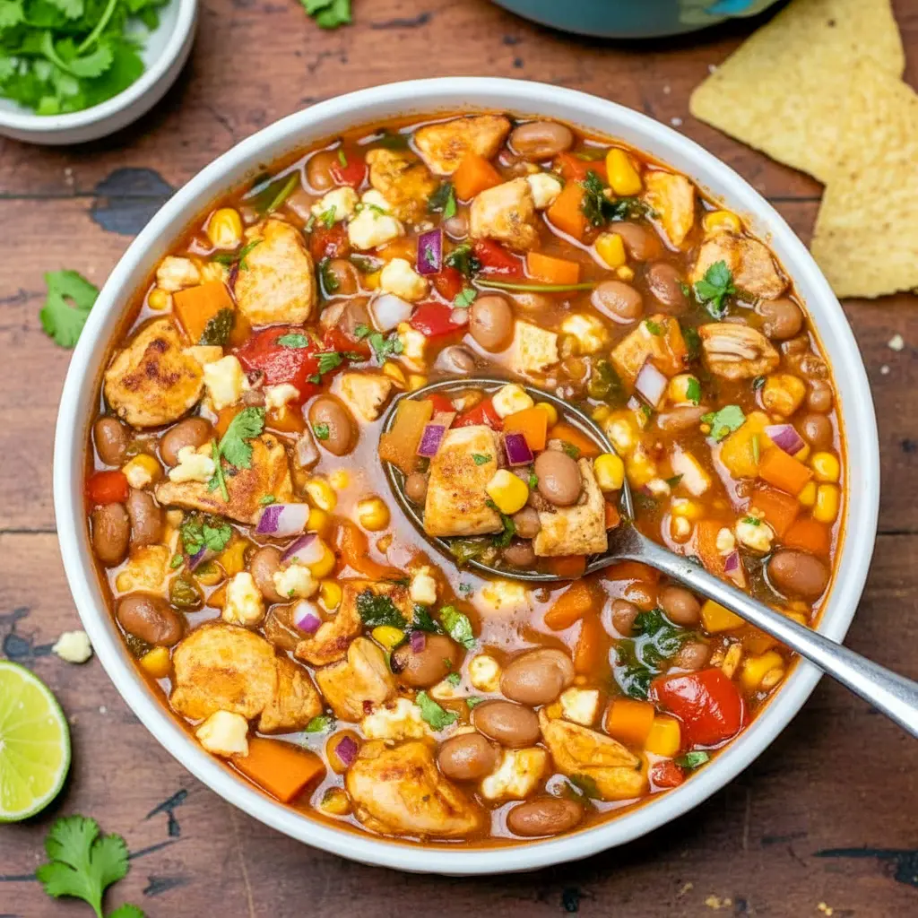 Pantry Soup Recipes featuring a hearty bowl of smoky BBQ chicken soup with tender chicken, beans, sweet corn, and rich broth, perfect for fans of Bbq Soup Recipes and cozy cold-night dinners.