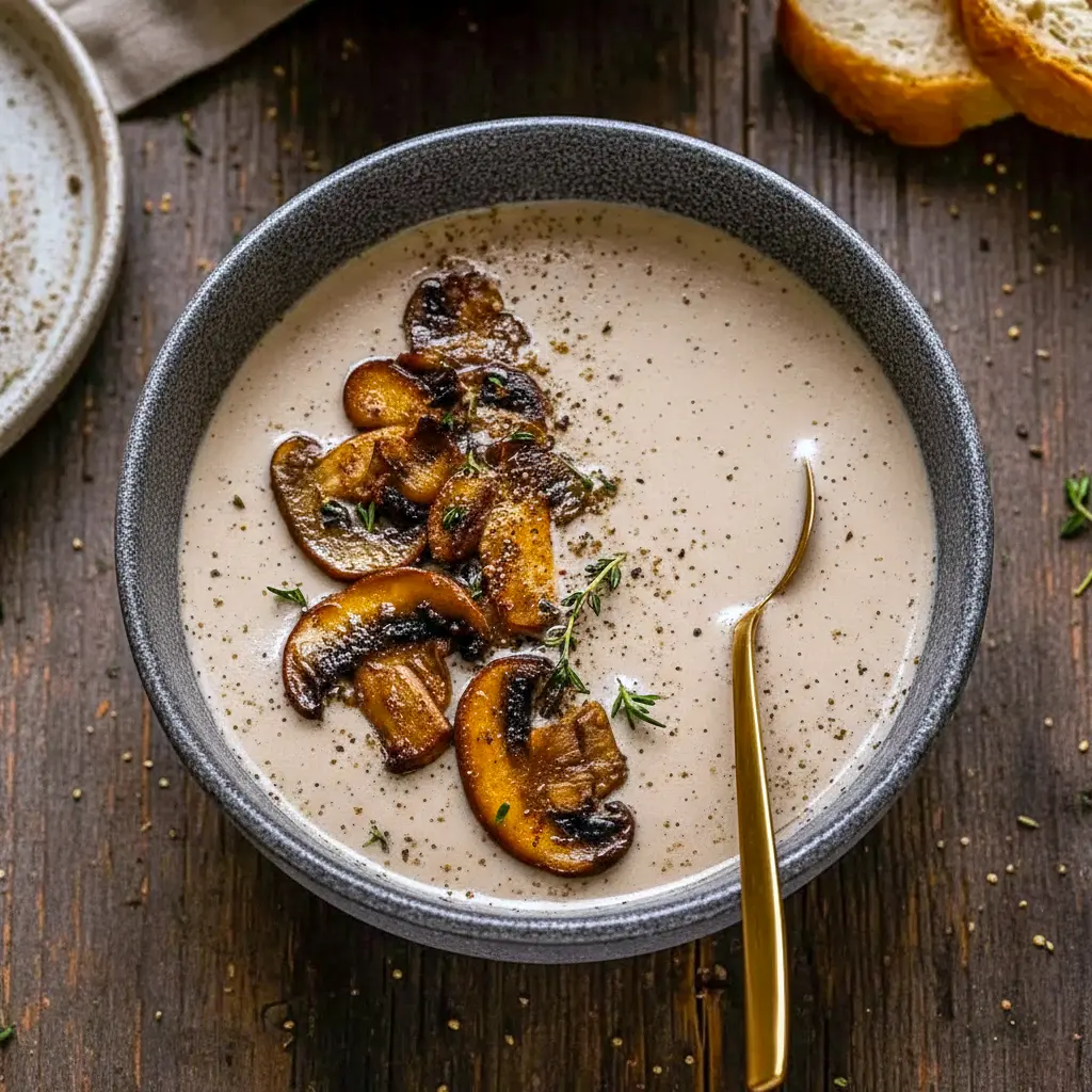 A warm bowl of Mushroom Bisque Soup Recipes featuring a smooth Savory Mushroom Soup with a silky texture, perfect for fans of Best Mushroom Soup Recipes and cozy homemade Gourmet Soups.