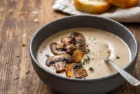 A warm bowl of Mushroom Bisque Soup Recipes featuring a smooth Savory Mushroom Soup with a silky texture, perfect for fans of Best Mushroom Soup Recipes and cozy homemade Gourmet Soups.