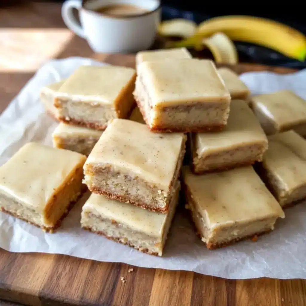 Freshly sliced Banana Dessert bars featuring soft Banana Bread Brownies with glossy brown butter frosting, showcasing a tender Banana Flavored crumb and golden edges on a serving platter.
