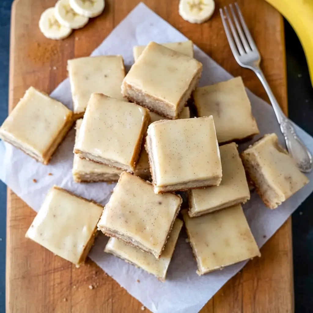 Freshly sliced Banana Dessert bars featuring soft Banana Bread Brownies with glossy brown butter frosting, showcasing a tender Banana Flavored crumb and golden edges on a serving platter.